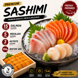 Oosterbay Signature 1 to 2 Pax Omakase Set – 15 Slices Salmon Sashimi + 5 Slices Mekajiki Sashimi + 3pcs Hotate + 100g Hokkaido Bafun Uni